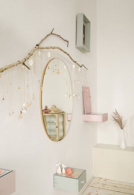 A-large-branch-attached-to-the-wall-serves-as-a-cool-natural-jewelry-holder-what-a-lovely-solution-for-a-girls-room